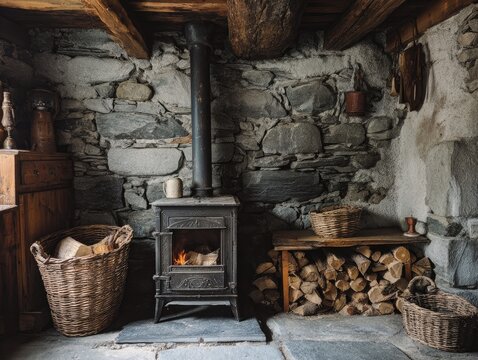Stone interior with burning wood stove, logs, rustic charm, and warmth