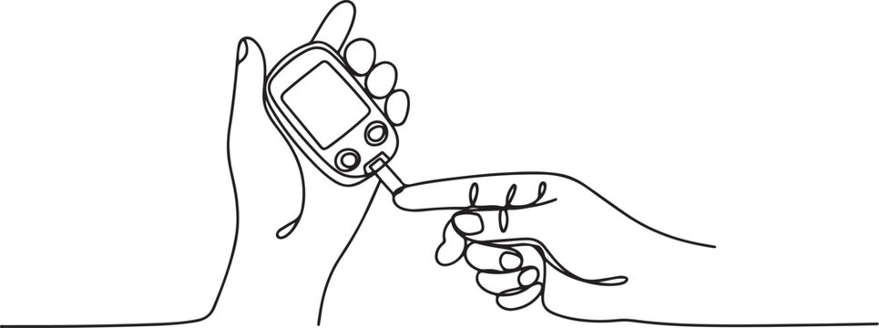 continuous line of checking blood sugar with glucomere.one line drawing of checking diabetes with glucomere.one line vector illustration with out Background