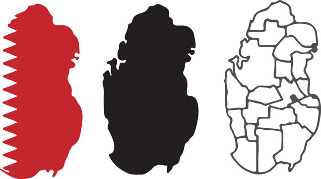 Detailed Qatar Map Collection: National Flag Silhouette, Solid Black Outline, and Administrative District Boundaries Vector Illustration Set