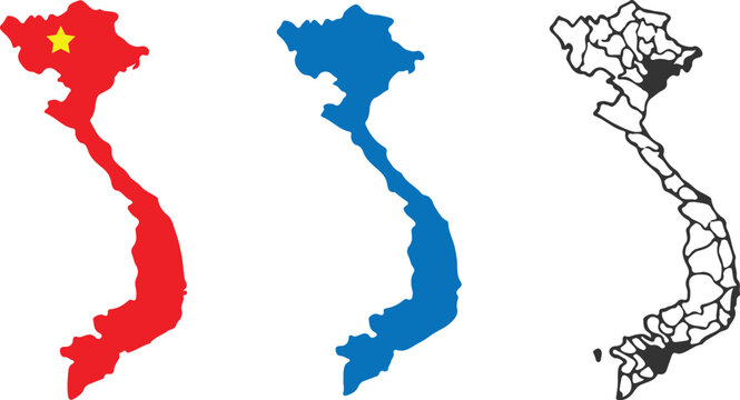 Vietnam Map Silhouette Collection: Red National Flag with Star, Blue Geographic Outline, and Detailed Black and White Provincial Administrative Map Graphics