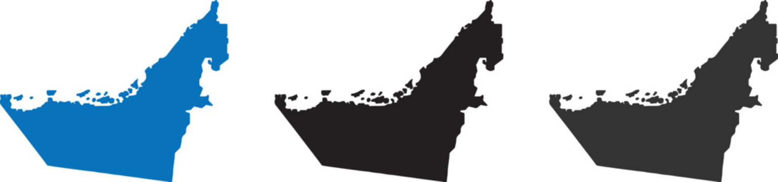 United Arab Emirates Map Silhouette Set - Minimalist UAE Vector Outlines in Blue, Black, and Charcoal Grey for Middle East Geographic Infographics and Design