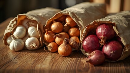 Freshly harvested red onions, yellow onions, and garlic bulbs wrapped in brown paper bags, presented on a rustic wooden surface