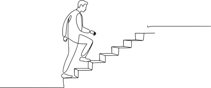 Man climbs the stairs in one continuous line drawing. Concept.one line vector illustration with out Background