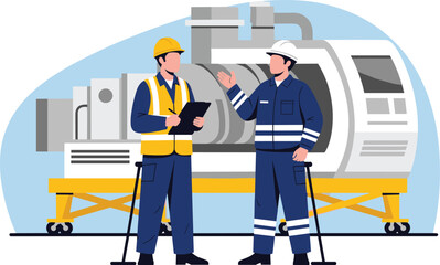 Fototapeta premium Industrial Engineers Working with Heavy Machinery Illustration, Factory Maintenance and Engineering Concept for Manufacturing Industry, Technical Service, and Workforce Design