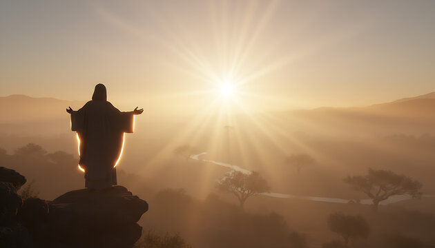 Radiant Golden Sunrise Bathes a Serene Statue on a Mountain Peak, Evoking Hope and Spiritual Reflection