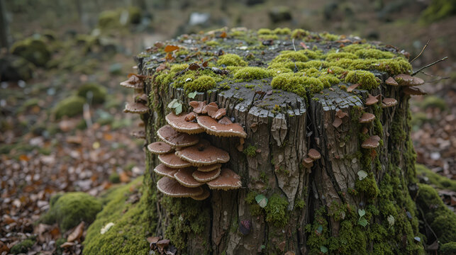 Tree stump with moss and bracket fungis in Javornik, South Bohemian Region, Czech Republic, Europe
