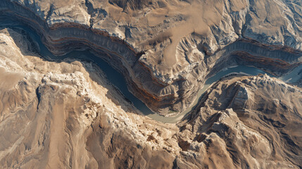 Aerial view of a winding river carving through a rugged, layered canyon landscape with arid, rocky terrain.