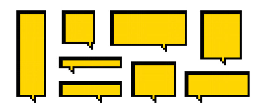 Yellow pixel text boxes. Square and rectangle pixelated chat frame collection. 8 bit border shape pack for speach box bubble, message cloud, communication dialog, talk balloon. Vector elements set