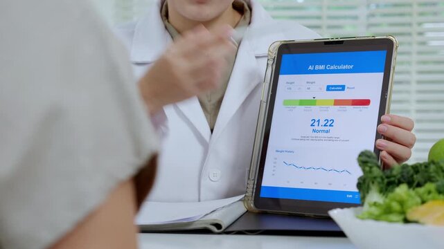 Asian woman nutritionist showing AI BMI calculator on tablet and explaining to senior patient, doctor using digital health technology for medical diagnosis, wellness planning and weight control.