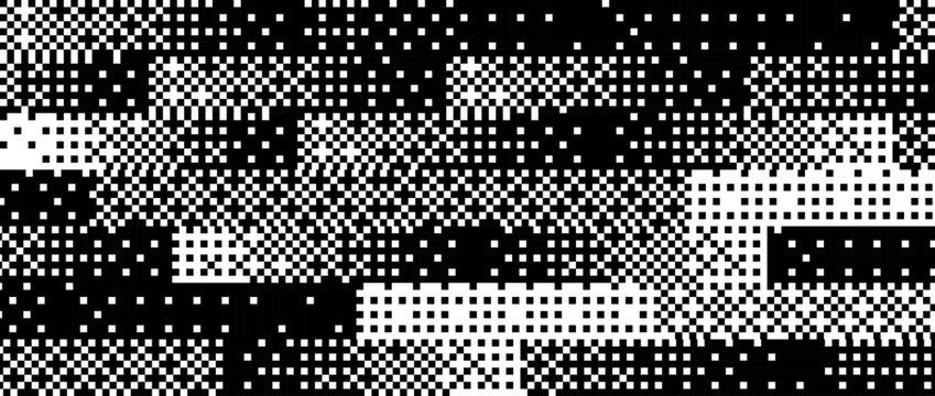 Pixelated bitmap pattern texture. Black rectangle dither wallpaper. Abstract 8 bit screen pattern. Arcade video game background. Retro pixel art backdrop. Vector glitch distorted raster effect overlay
