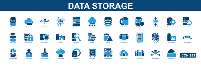 Data Storage Icons Set: Cloud Computing, Database, Security, Network & Transfer - Flat Design Vector Illustration