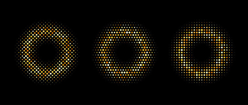 Gold halftone circle frames collection. Golden glowing dotted pattern border set. Yellow glitter round ring elements for emblem, badge, graphic design, icon. Luxury confetti boarder pack. Vector