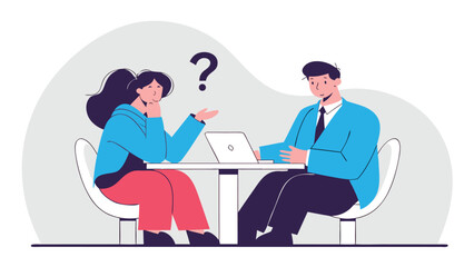 A man and woman sit at a table with a laptop, the woman gestures thoughtfully with a question mark.