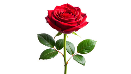Fototapeta premium Vibrant red rose with lush green leaves on a pristine white background, symbolizing love and beauty