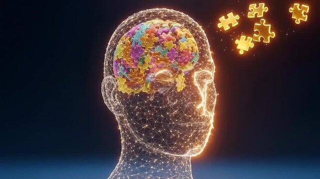 Brain puzzle concept with human head outline and colorful jigsaw pieces floating