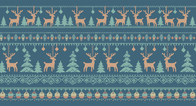 Traditional knitted sweater style christmas pattern featuring reindeers and pine trees on a blue background for winter holiday themes.