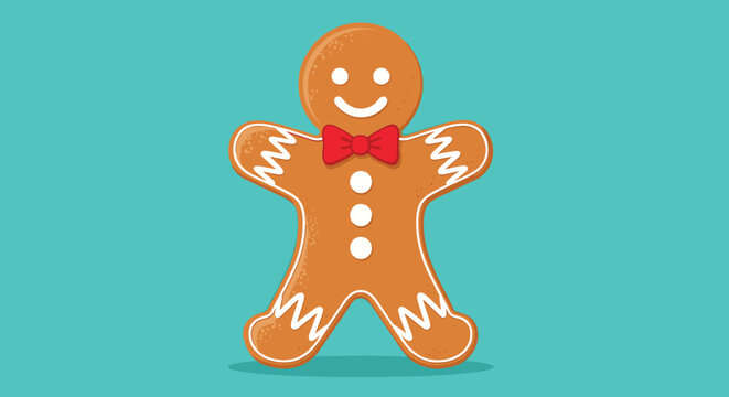 Smiling gingerbread man cookie with white icing details and a bright red bow tie, isolated on a solid teal background for the holidays.