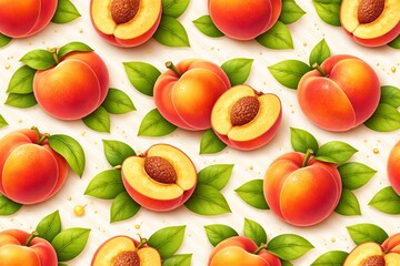 Naklejka premium A warm 3D repeating pattern featuring ripe peaches, halved peaches with pits, and green leaves. With rich orange and red gradients, soft highlights, rounded forms, layered depth, clean contours