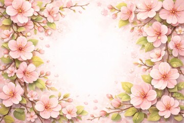Obraz premium A delicate 3D floral border using pink cherry blossoms and twisting branches. With layered petals, soft pastel gradients, gentle shadows, and natural spacing. Maintain a clean white center