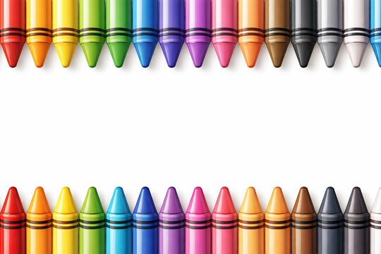 A playful 3D illustration of multicolored crayons arranged as a top and bottom border. With bright, saturated colors, rounded tips, smooth shading, subtle highlights, clean outlines, strong depth