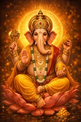Fototapeta premium Lord Ganesha depicted seated peacefully, elephant head adorned with ornate crown, holding modak and axe, radiant golden aura, saffron and yellow garments, glowing bokeh background