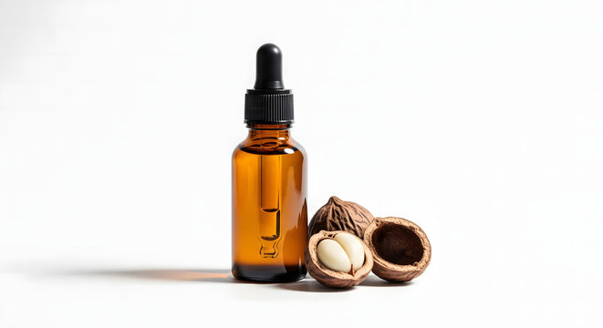 Amber glass dropper bottle of candlenut kemiri oil with cracked open kemiri nuts on white background.