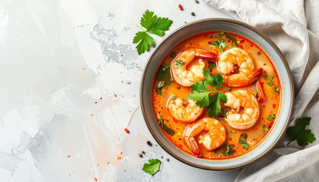 delicious tom yum kung spicy thai soup with prawns and herbs in a bowl on white background