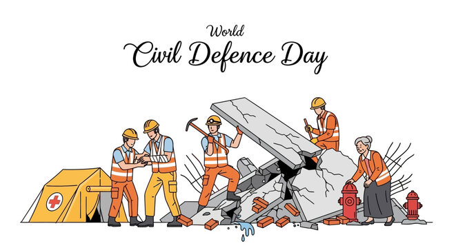 Illustration of emergency responders in action on World Civil Defence Day, with people working together for disaster preparedness and public safety.