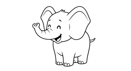 Obraz premium Cute cartoon elephant character, outline drawing, happy expression, waving trunk