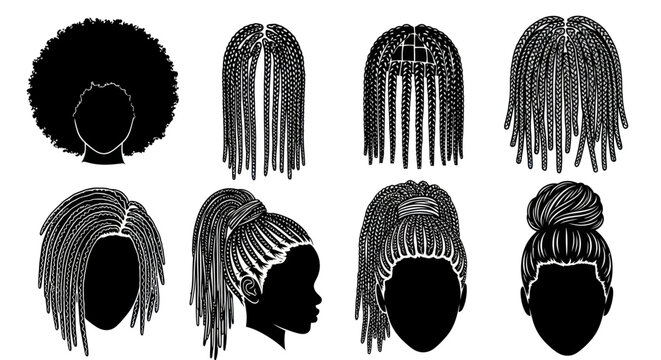 African Hairstyles Silhouette: Braids, Afro, Bun, Ponytail