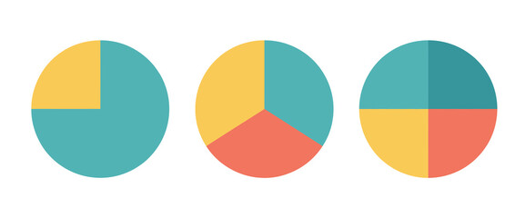 Fototapeta premium Pie Chart Vector Collection, Colorful Circle Diagrams with 1, 2, 3, 4, 5, or 6 Sections, Perfect for Infographics, Step-by-Step Process Visualization, and Flat Design.