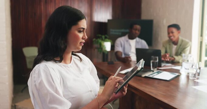 Planning, tablet and woman in meeting, conversation for submission and website info for article. Employees, copywriting or journalist in office, tech and research for news report and email for column