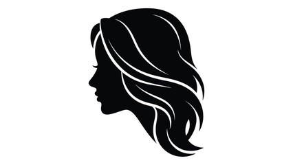 A black silhouette of a woman's head with flowing hair isolated on white background, Vector