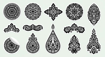 Collection of intricate black and white ornamental patterns and designs.