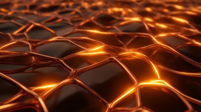 Futuristic glowing copper network moving glass surface orange neon illumination seamless surreal ambience cascading softly abstract unique style ultra realistic loop