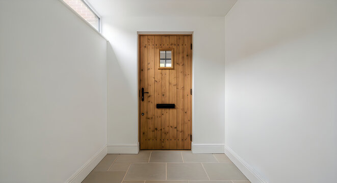 Solid wooden front door with small window and mail slot in a hallway.