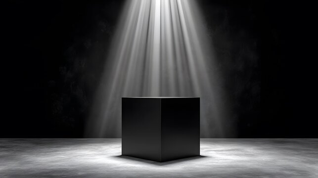 Spotlight on the Pedestal: A sleek, black pedestal stands center stage, illuminated by a brilliant spotlight against a dramatic, textured backdrop. Evoking mystery and anticipation.