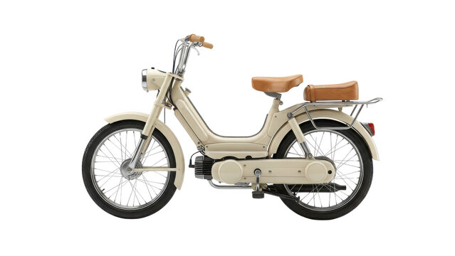 Cream vintage moped with tan leather seats on white background, side view