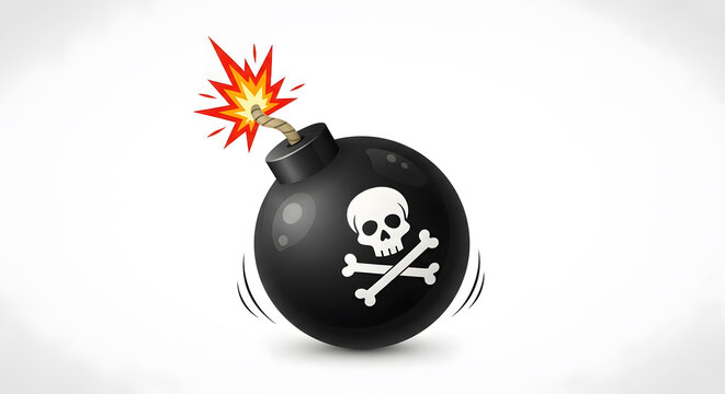 A round black bomb with a lit fuse and a skull and crossbones symbol