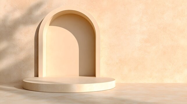 Elegant Archway Display: A minimalist display area showcases an architectural archway with a textured backdrop, offering a space for product presentation in a stylish setting.