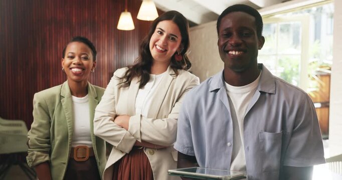 Face, creative agency and happy people in office, tablet and team building for publication. Group, man and women in workplace, tech and cooperation for magazine column, business growth or copywriting