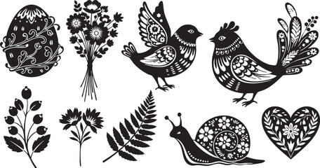Black and white of birds, flowers, snail, heart, and egg with intricate patterns © MdAbu