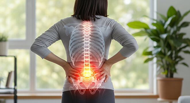 Woman with glowing red spine pain in lower back pain human anatomy medical health