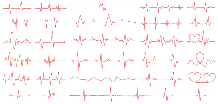 Red Heartbeat Line Collection with Heart Symbol, Vector Illustration Representing Cardiology, Medical Pulse, ECG, EKG Design, Healthcare, Health Monitoring, and Digital Heartbeat Graphics.