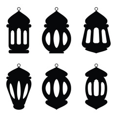 Islamic lamp silhouettes in various shapes, Ramadan poster design elements, Islamic holiday banner icon set