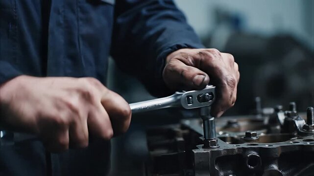 Mechanic's skilled hands using ratchet on engine block in workshop