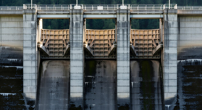Concrete dam with three floodgates and water flowing down spillway