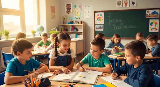 Group of young students sitting at desks in a classroom looking at a book together