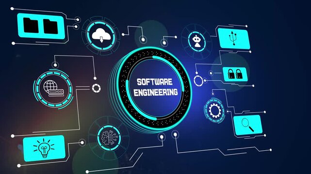 Software engineering concept for developer training showing digital code structures and advanced application design protocols
