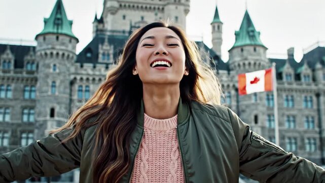 Excited young asian woman celebrating in front of a grand historic building with a canadian flag waving